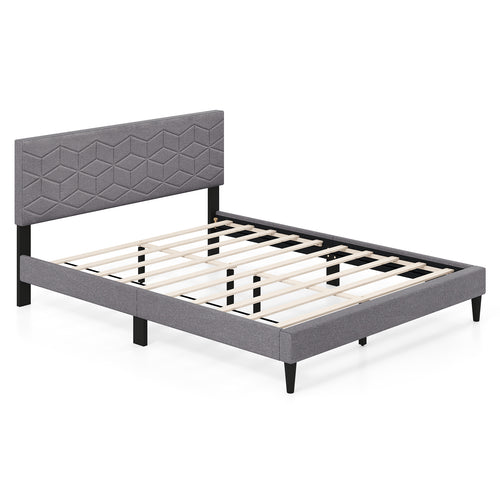 Queen Size Platform Bed Frame, Linen Upholstered Headboard, Gray