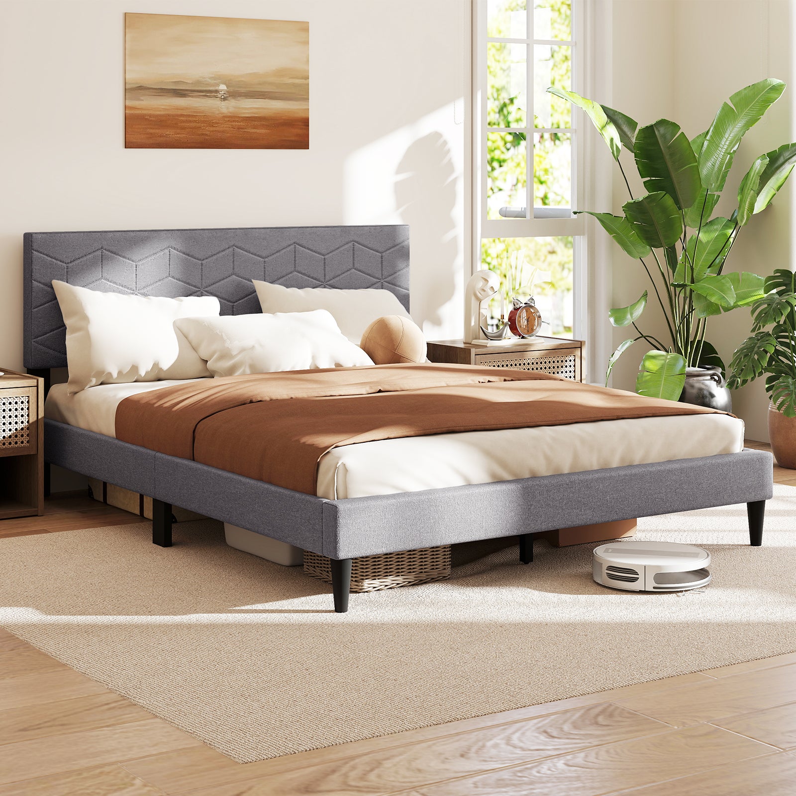 Twin/Full/Queen Size Bed Frame Modern Platform Bed with Linen Fabric Upholstered Headboard-Queen, Gray Simple Bed Frame at Gallery Canada