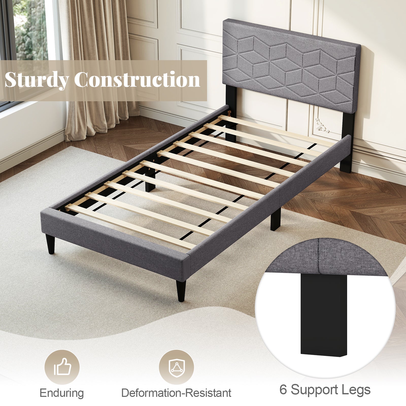 Twin/Full/Queen Size Bed Frame Modern Platform Bed with Linen Fabric Upholstered Headboard-Twin, Gray Simple Bed Frame at Gallery Canada