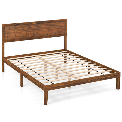 Queen Size Bed Frame With Headboard, Wooden Slats, Walnut