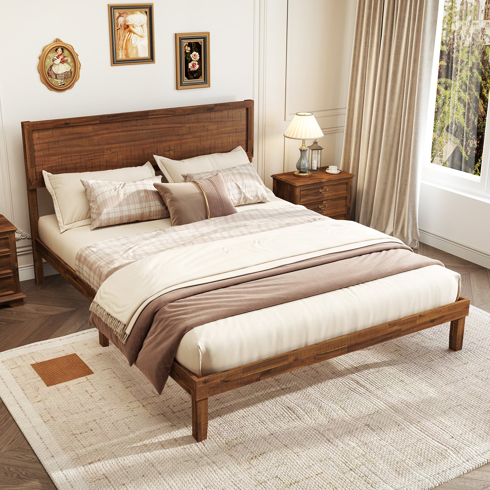 Twin/Full/Queen Size Bed Frame with Headboard and Wooden Slats Support-Queen Size, Walnut Simple Bed Frame at Gallery Canada