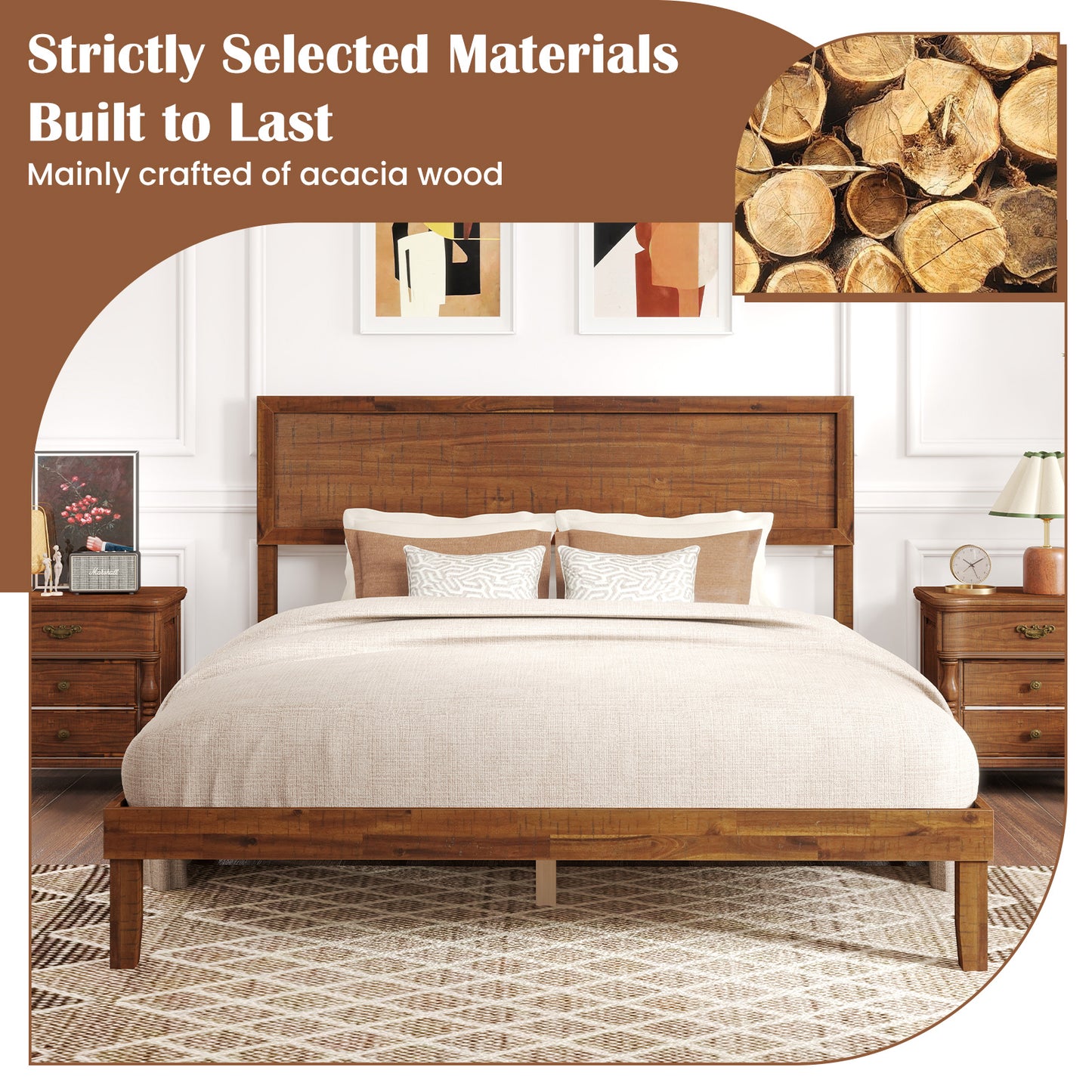 Twin/Full/Queen Size Bed Frame with Headboard and Wooden Slats Support-Queen Size, Walnut Simple Bed Frame at Gallery Canada