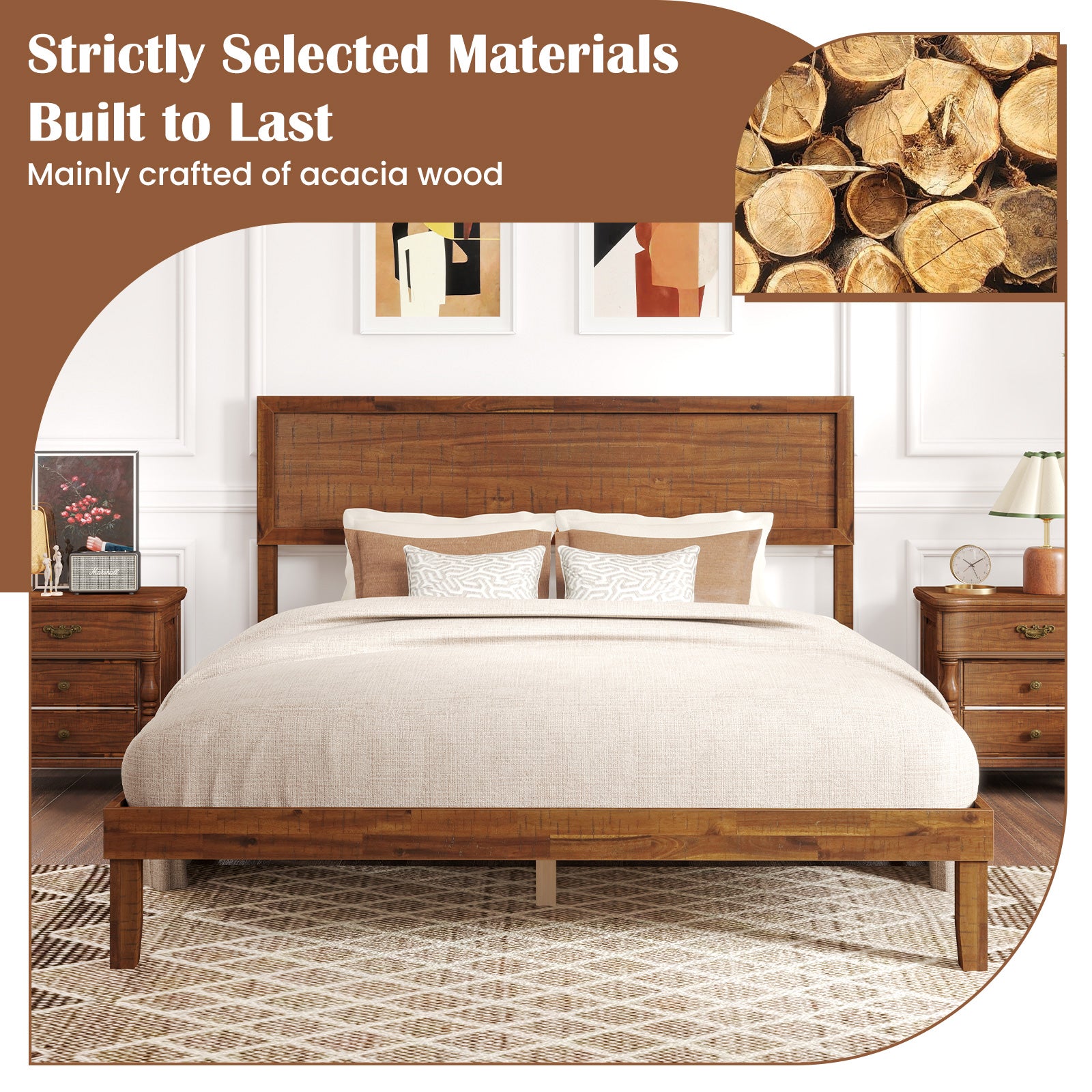 Twin/Full/Queen Size Bed Frame with Headboard and Wooden Slats Support-Queen Size, Walnut Simple Bed Frame at Gallery Canada