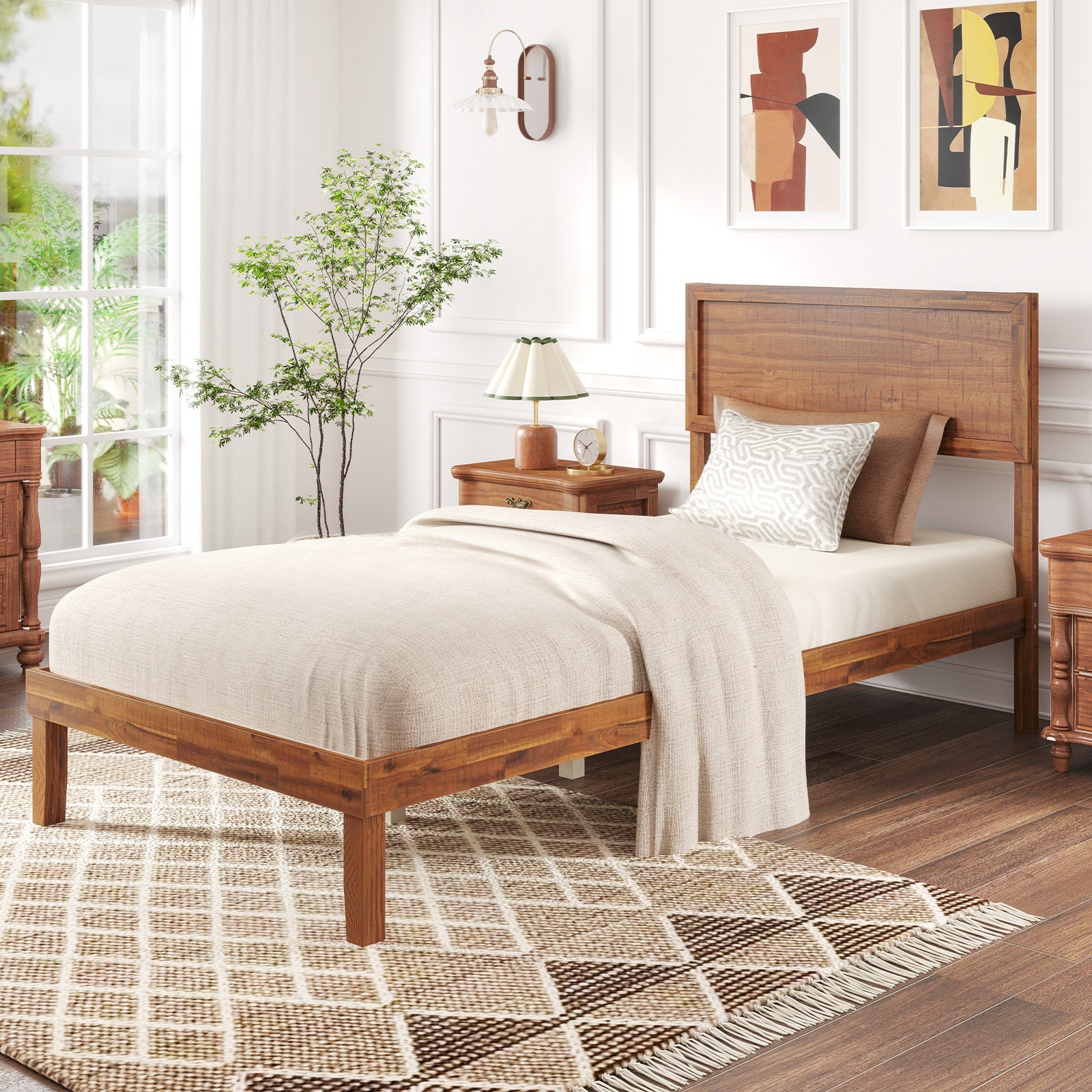 Twin/Full/Queen Size Bed Frame with Headboard and Wooden Slats Support-Twin Size, Walnut Simple Bed Frame at Gallery Canada