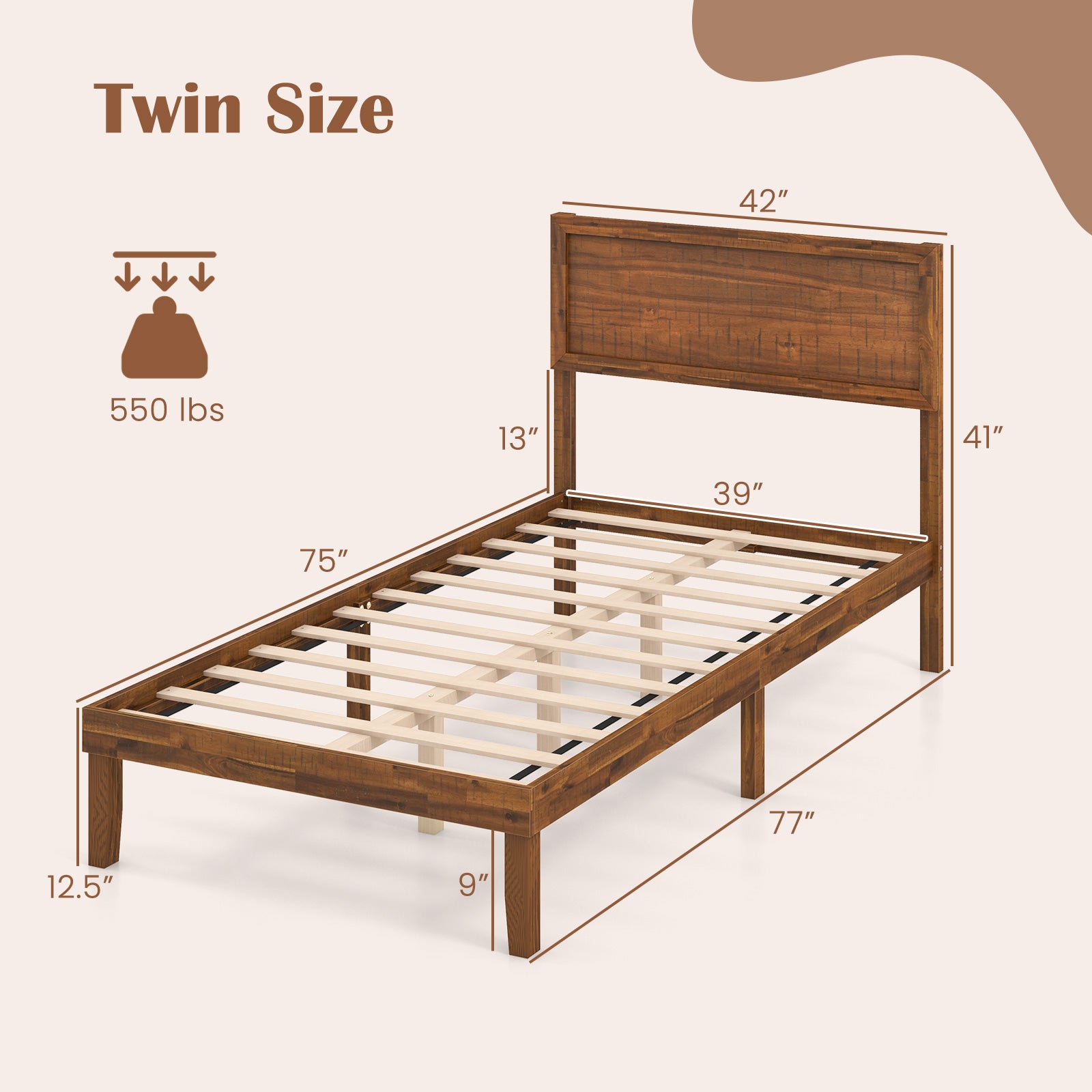 Twin/Full/Queen Size Bed Frame with Headboard and Wooden Slats Support-Twin Size, Walnut Simple Bed Frame at Gallery Canada