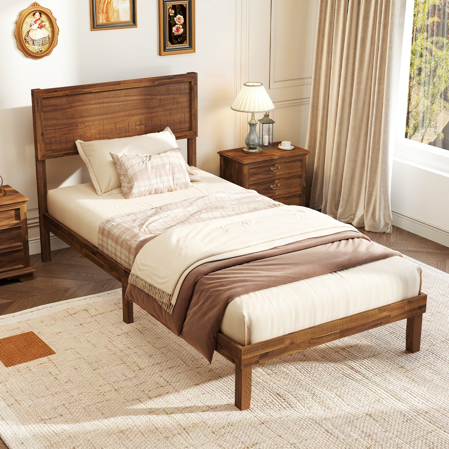 Twin/Full/Queen Size Bed Frame with Headboard and Wooden Slats Support-Twin Size, Walnut Simple Bed Frame at Gallery Canada