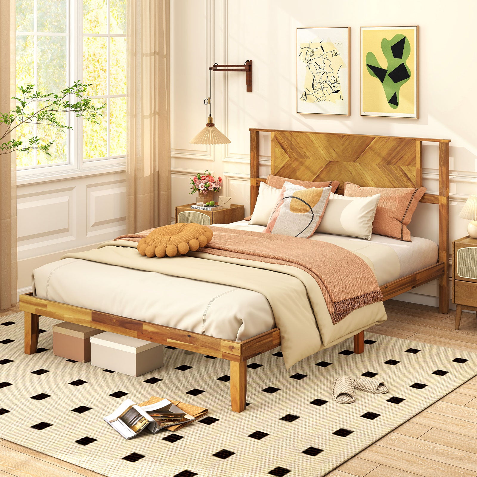Twin/Full/Queen Size Bed Frame Mid-Century Acacia Wood Platform Bed with Headboard-Full Size Simple Bed Frame at Gallery Canada