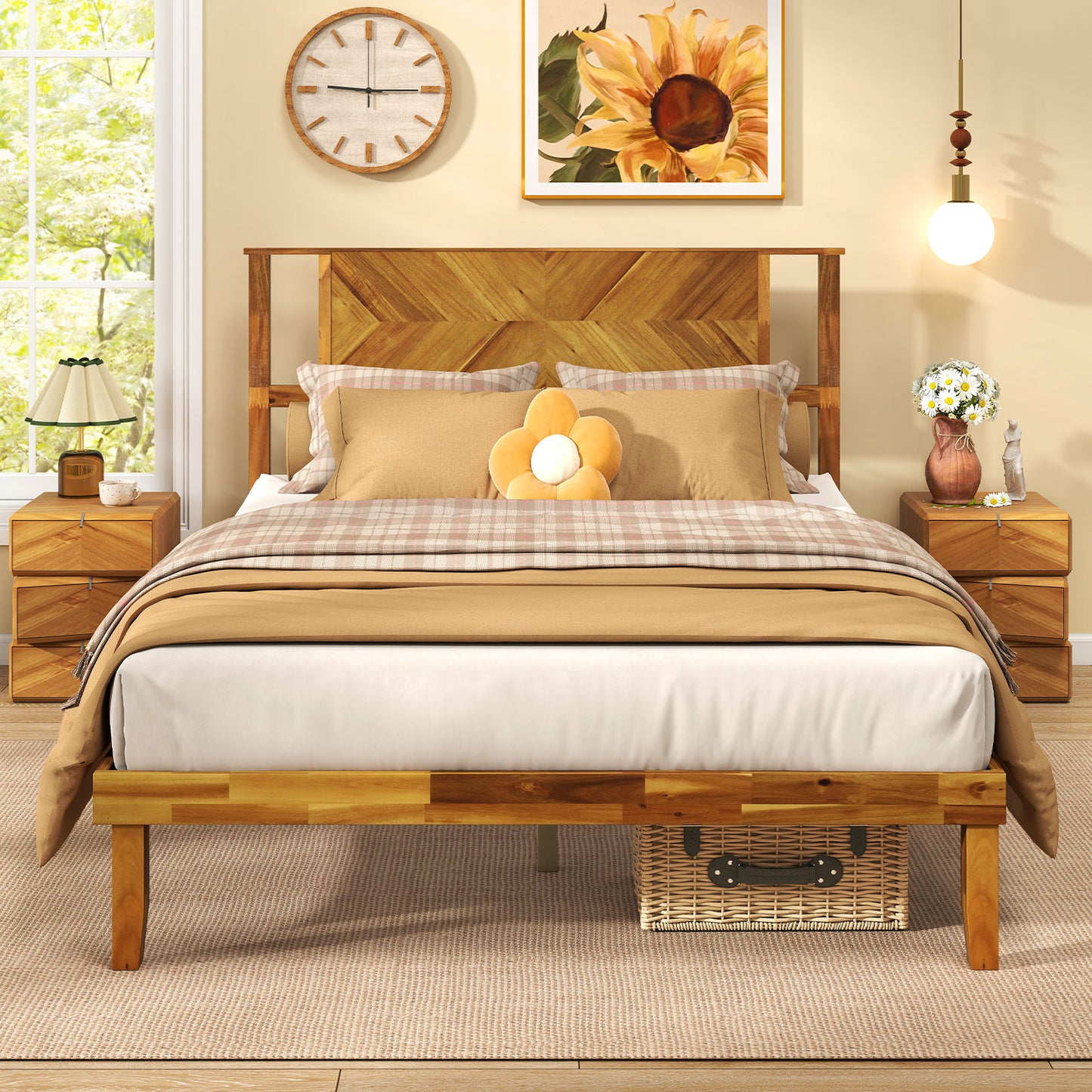 Twin/Full/Queen Size Bed Frame Mid-Century Acacia Wood Platform Bed with Headboard-Full Size Simple Bed Frame at Gallery Canada