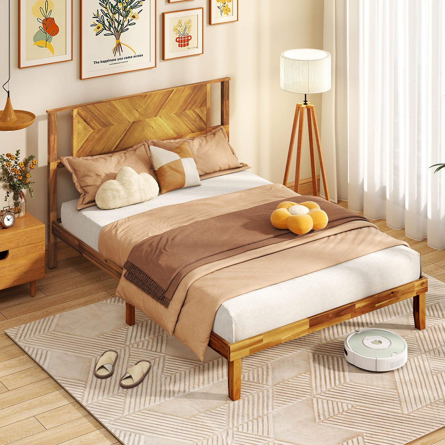 Twin/Full/Queen Size Bed Frame Mid-Century Acacia Wood Platform Bed with Headboard-Full Size Simple Bed Frame at Gallery Canada