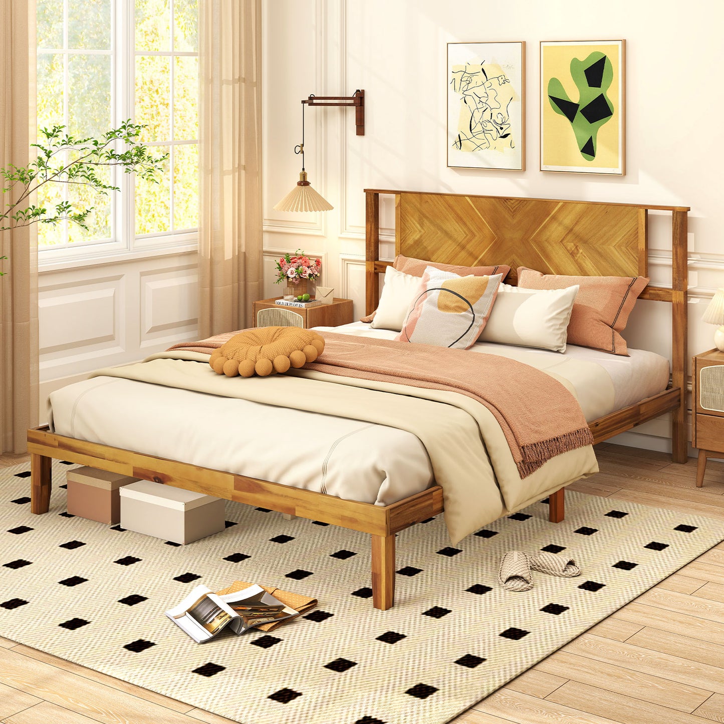 Twin/Full/Queen Size Bed Frame Mid-Century Acacia Wood Platform Bed with Headboard-Queen Size Simple Bed Frame at Gallery Canada