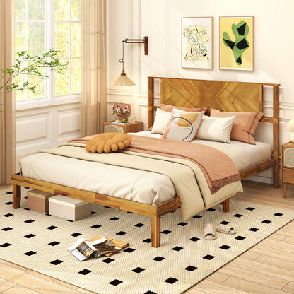 Twin/Full/Queen Size Bed Frame Mid-Century Acacia Wood Platform Bed with Headboard-Queen Size Simple Bed Frame at Gallery Canada