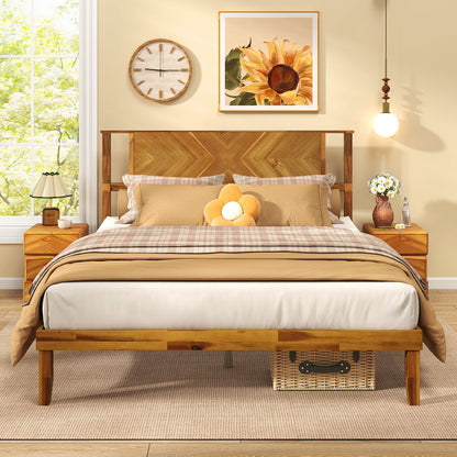 Twin/Full/Queen Size Bed Frame Mid-Century Acacia Wood Platform Bed with Headboard-Queen Size Simple Bed Frame at Gallery Canada
