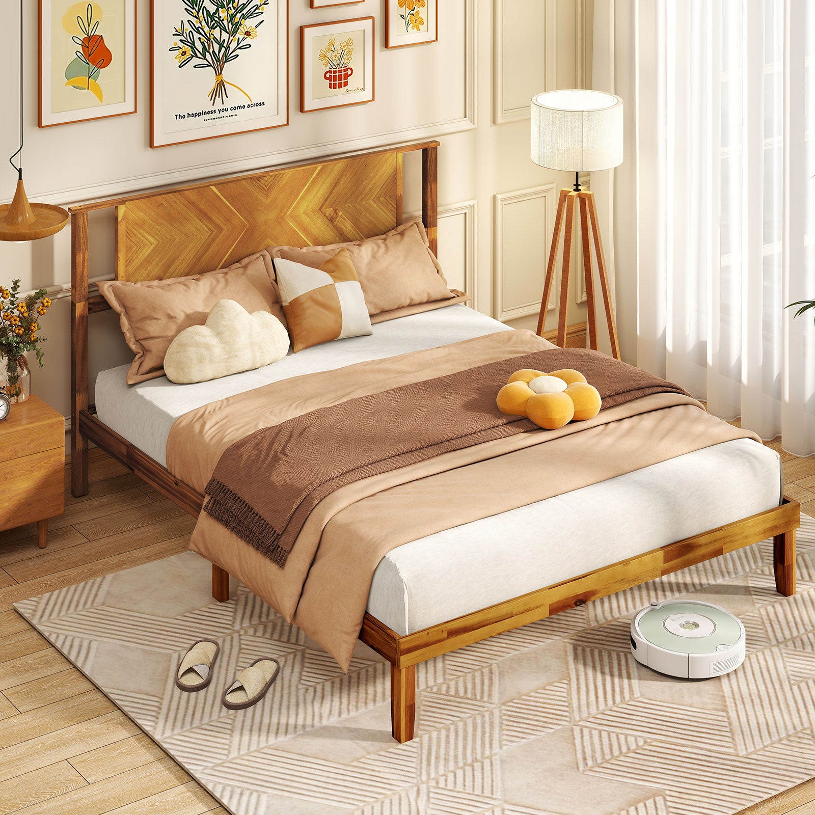 Twin/Full/Queen Size Bed Frame Mid-Century Acacia Wood Platform Bed with Headboard-Queen Size Simple Bed Frame at Gallery Canada