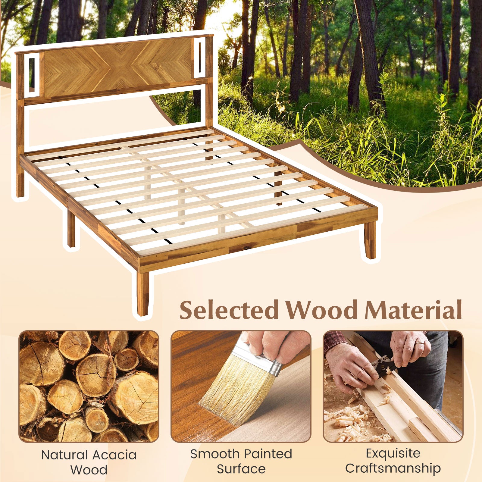 Twin/Full/Queen Size Bed Frame Mid-Century Acacia Wood Platform Bed with Headboard-Queen Size Simple Bed Frame at Gallery Canada