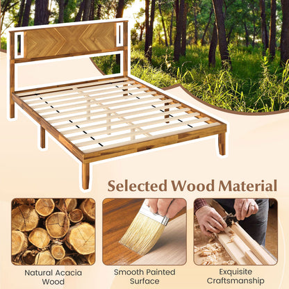 Twin/Full/Queen Size Bed Frame Mid-Century Acacia Wood Platform Bed with Headboard-Queen Size Simple Bed Frame at Gallery Canada