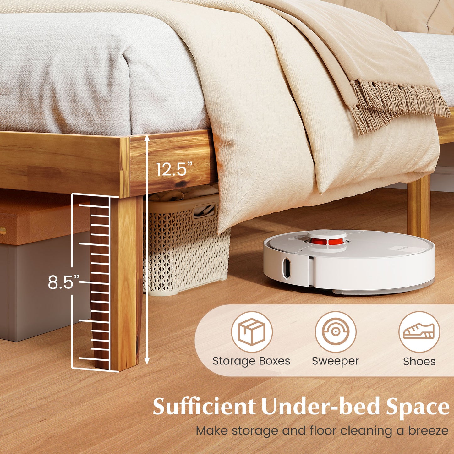 Twin/Full/Queen Size Bed Frame Mid-Century Acacia Wood Platform Bed with Headboard-Queen Size Simple Bed Frame at Gallery Canada