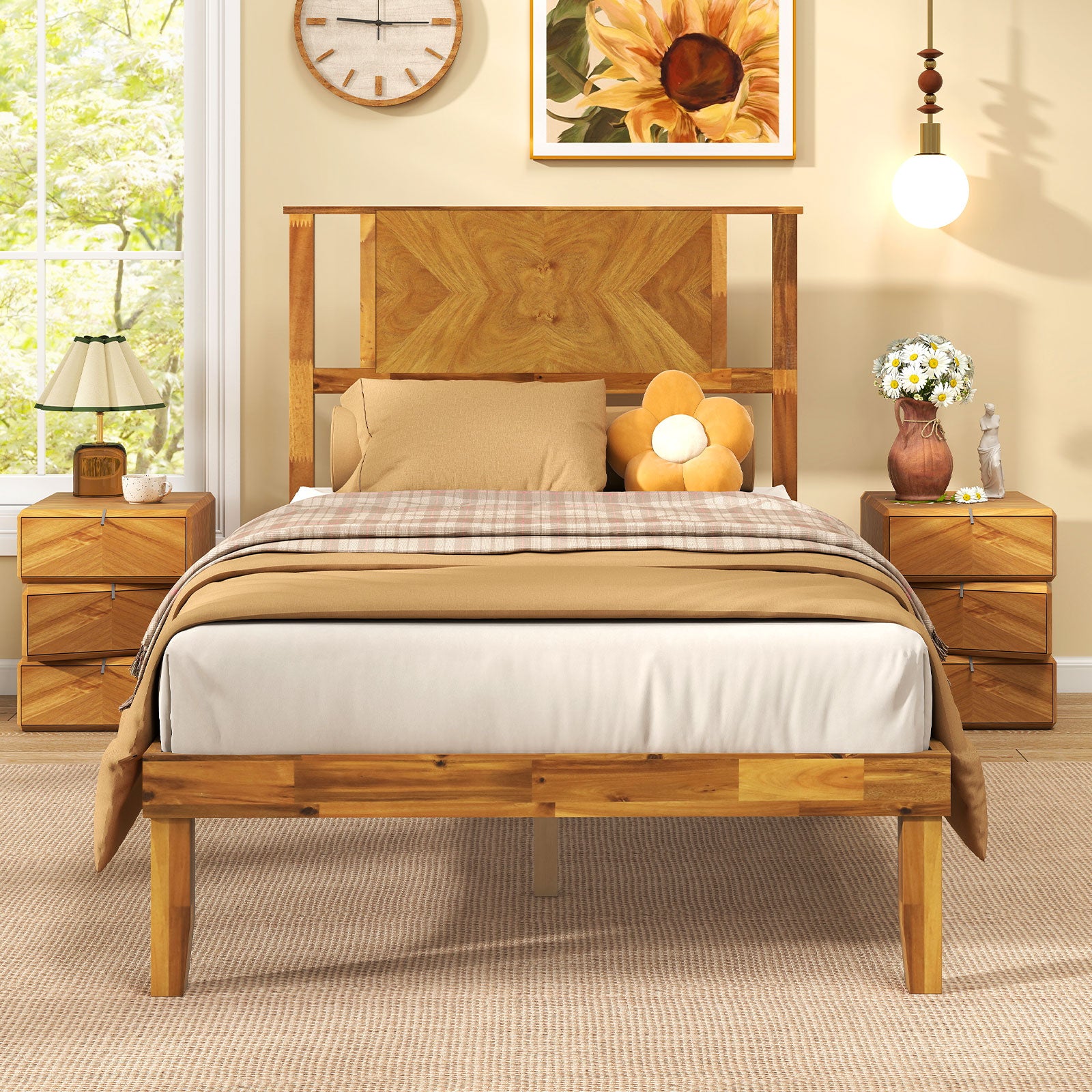 Twin/Full/Queen Size Bed Frame Mid-Century Acacia Wood Platform Bed with Headboard-Twin Size Simple Bed Frame at Gallery Canada