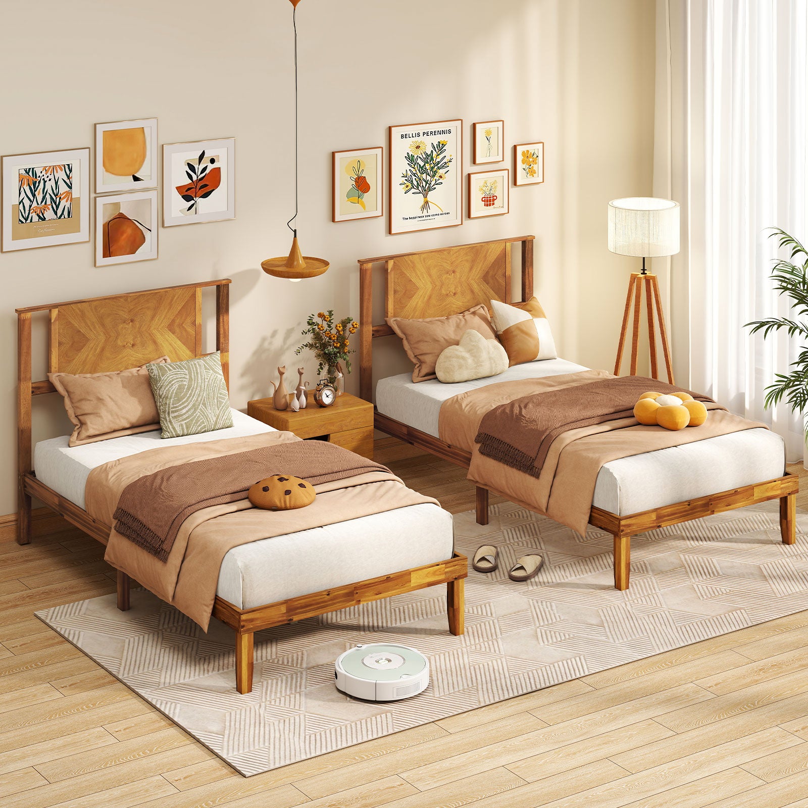 Twin/Full/Queen Size Bed Frame Mid-Century Acacia Wood Platform Bed with Headboard-Twin Size Simple Bed Frame at Gallery Canada