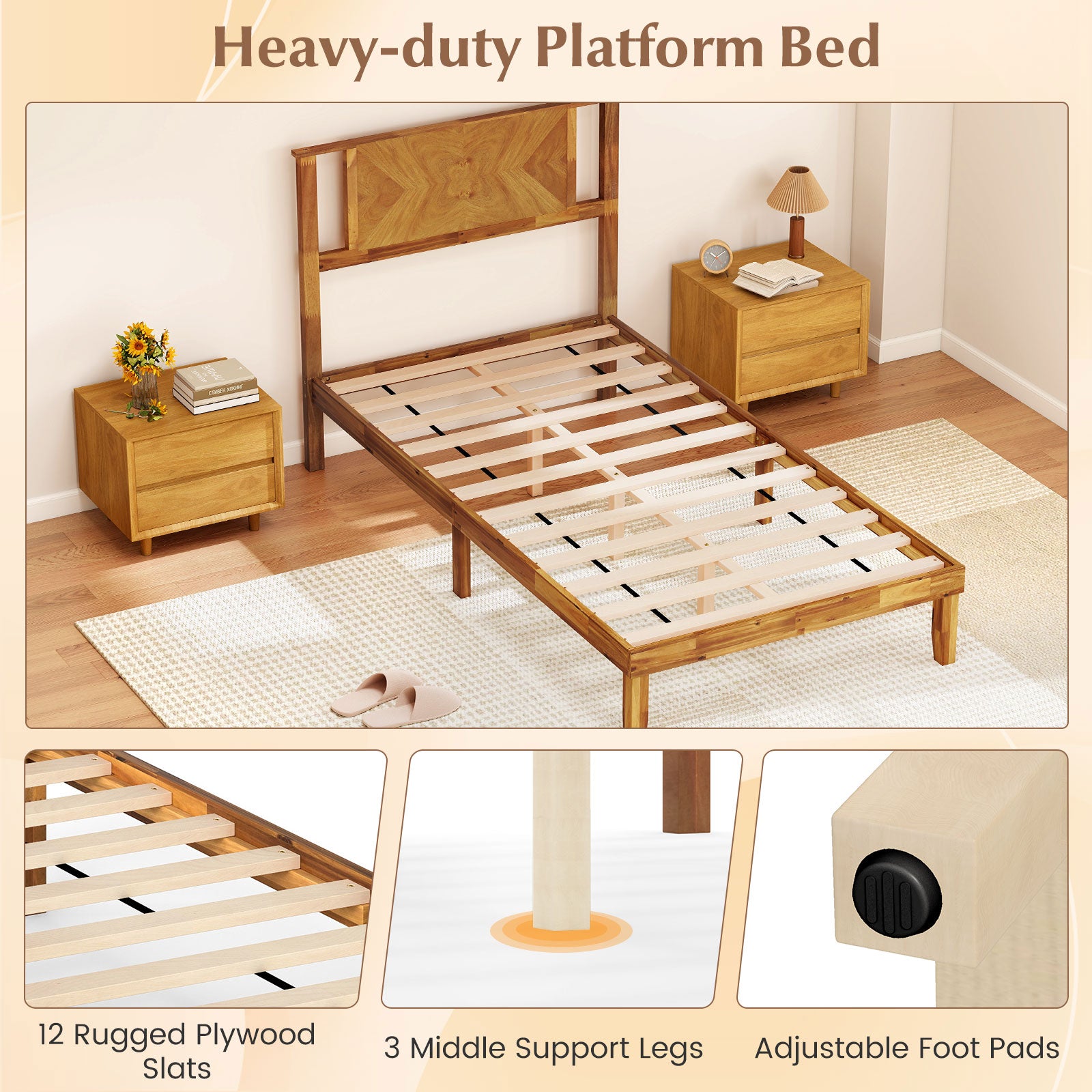 Twin/Full/Queen Size Bed Frame Mid-Century Acacia Wood Platform Bed with Headboard-Twin Size Simple Bed Frame at Gallery Canada