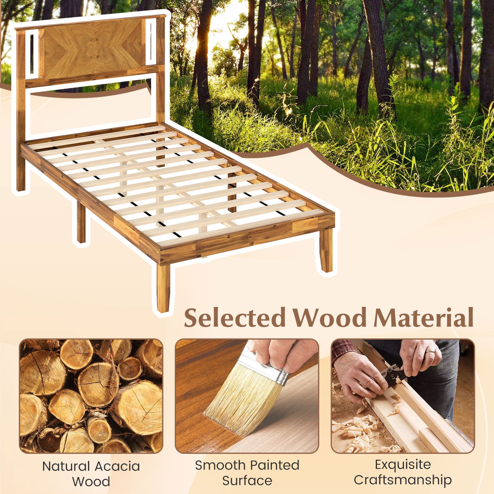 Twin/Full/Queen Size Bed Frame Mid-Century Acacia Wood Platform Bed with Headboard-Twin Size Simple Bed Frame at Gallery Canada