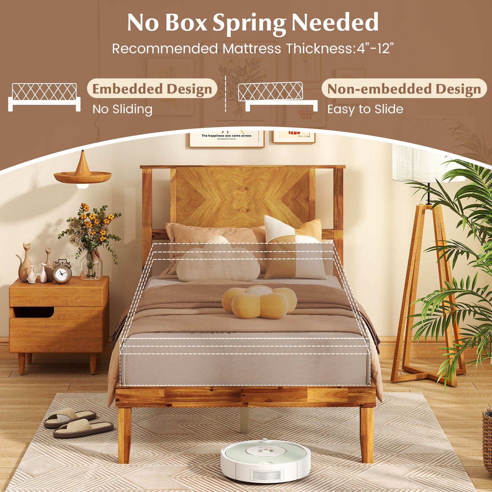 Twin/Full/Queen Size Bed Frame Mid-Century Acacia Wood Platform Bed with Headboard-Twin Size Simple Bed Frame at Gallery Canada