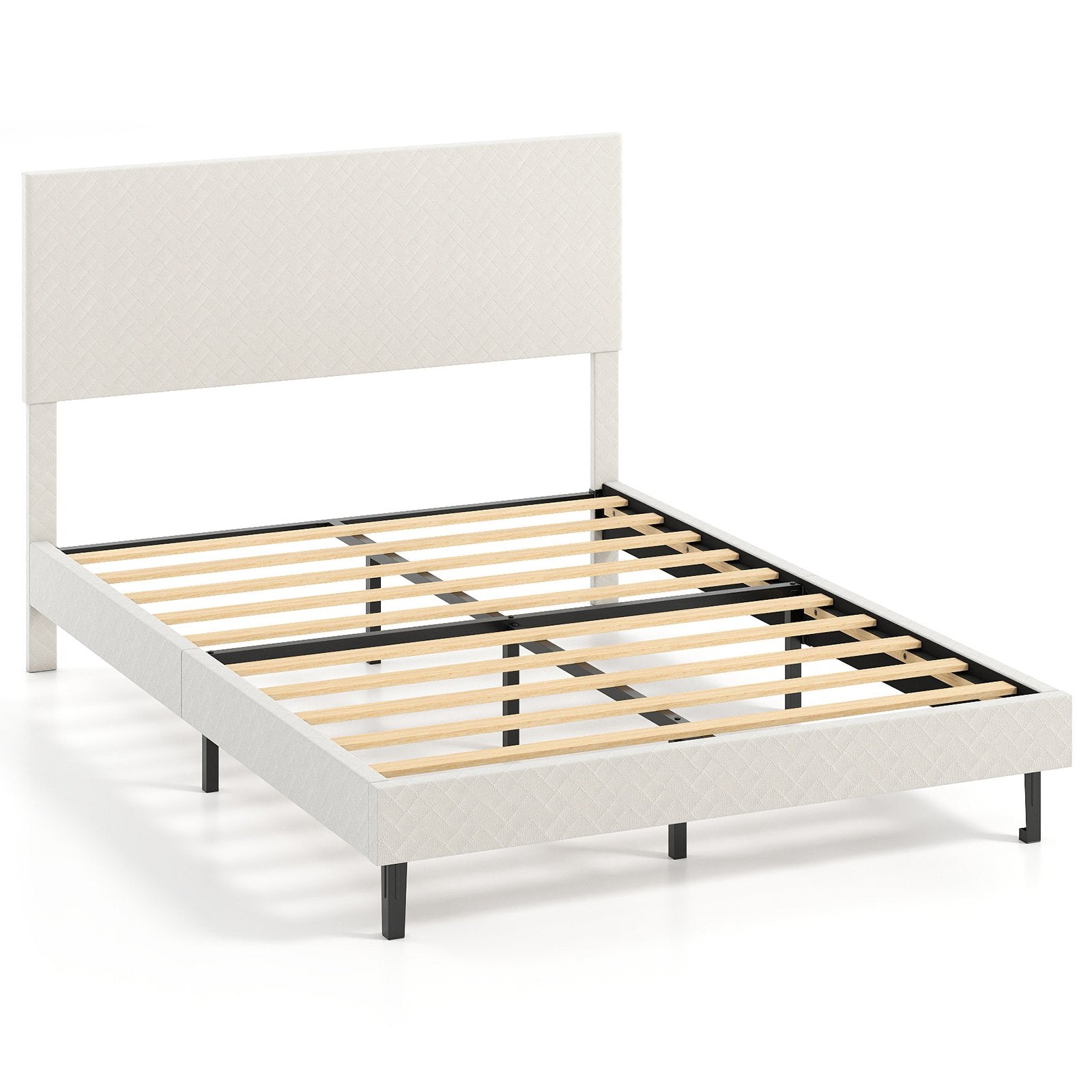 Twin/Full/Queen Size Velvet Bed Frame Upholstered Platform Bed with Chevron Headboard Beige-Full Simple Bed Frame Options at Gallery Canada