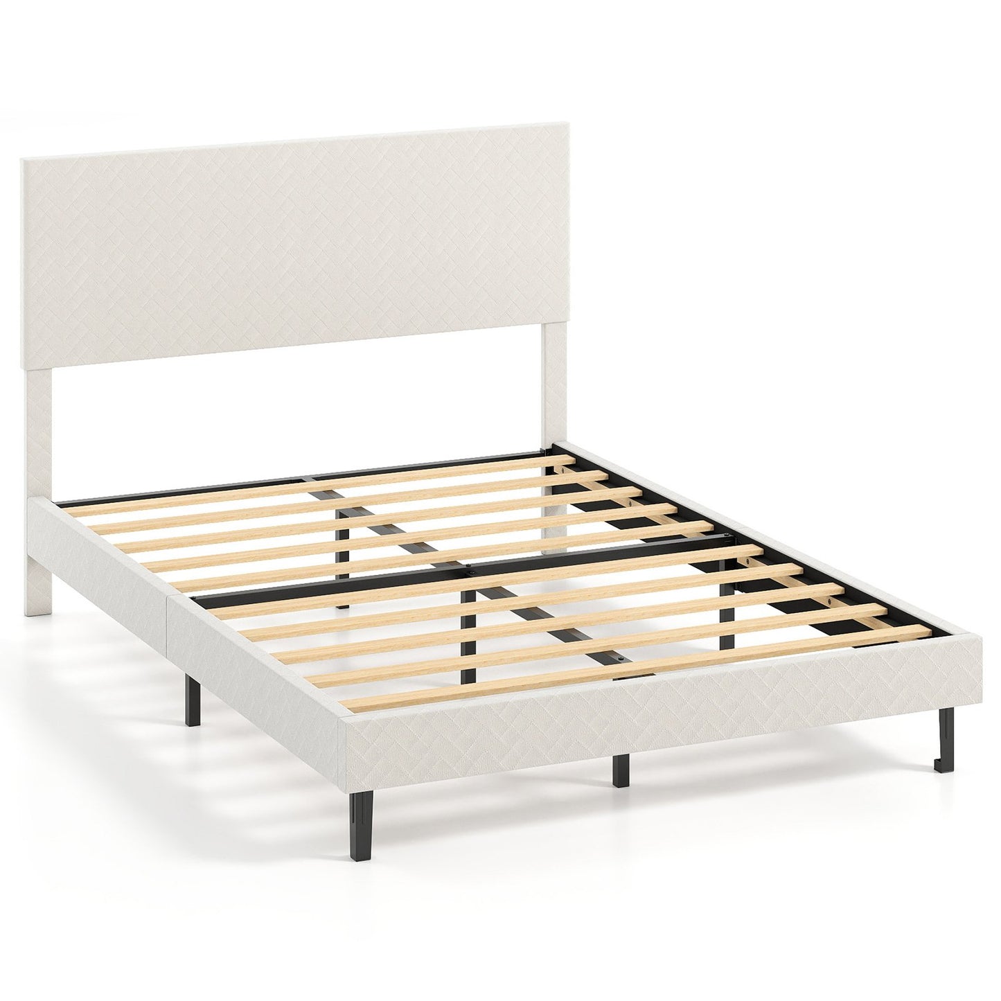 Twin/Full/Queen Size Velvet Bed Frame Upholstered Platform Bed with Chevron Headboard Beige-Full Simple Bed Frame Options at Gallery Canada