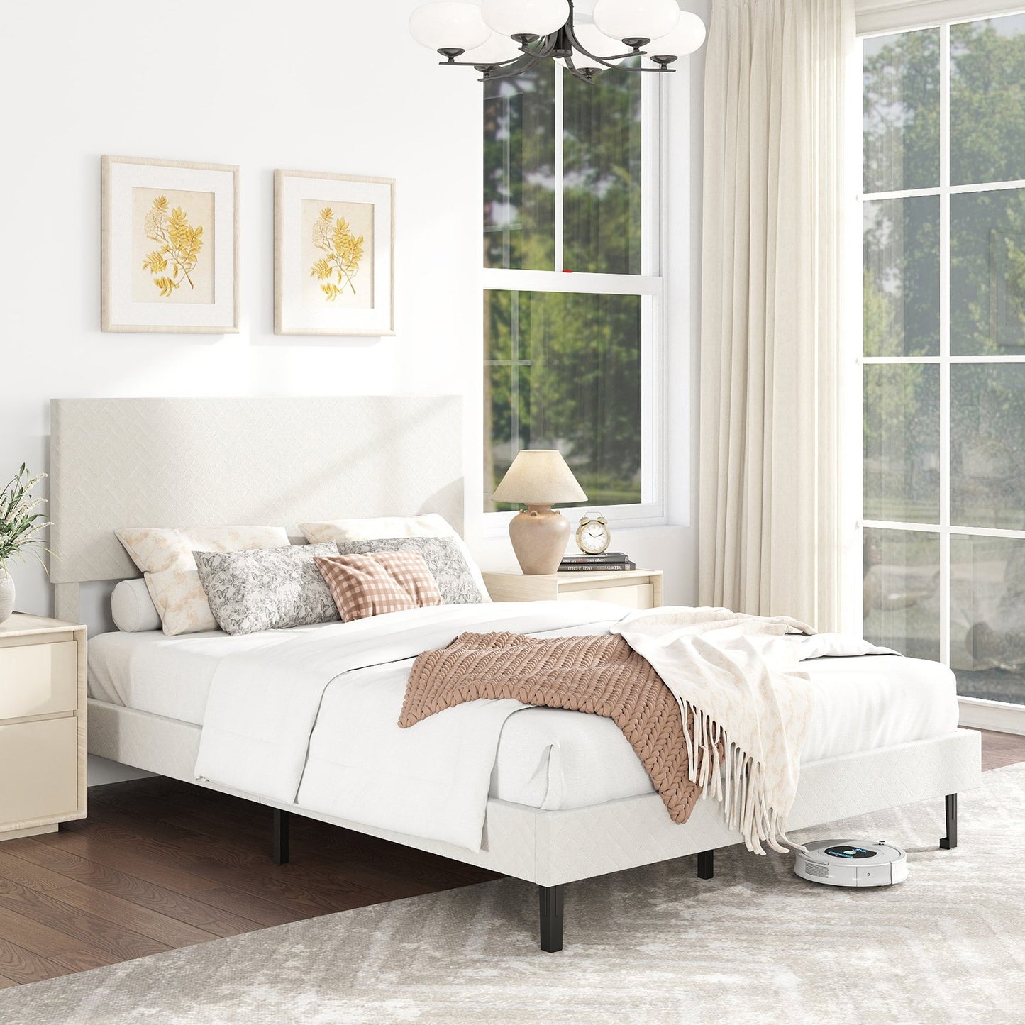 Twin/Full/Queen Size Velvet Bed Frame Upholstered Platform Bed with Chevron Headboard Beige-Full Simple Bed Frame at Gallery Canada