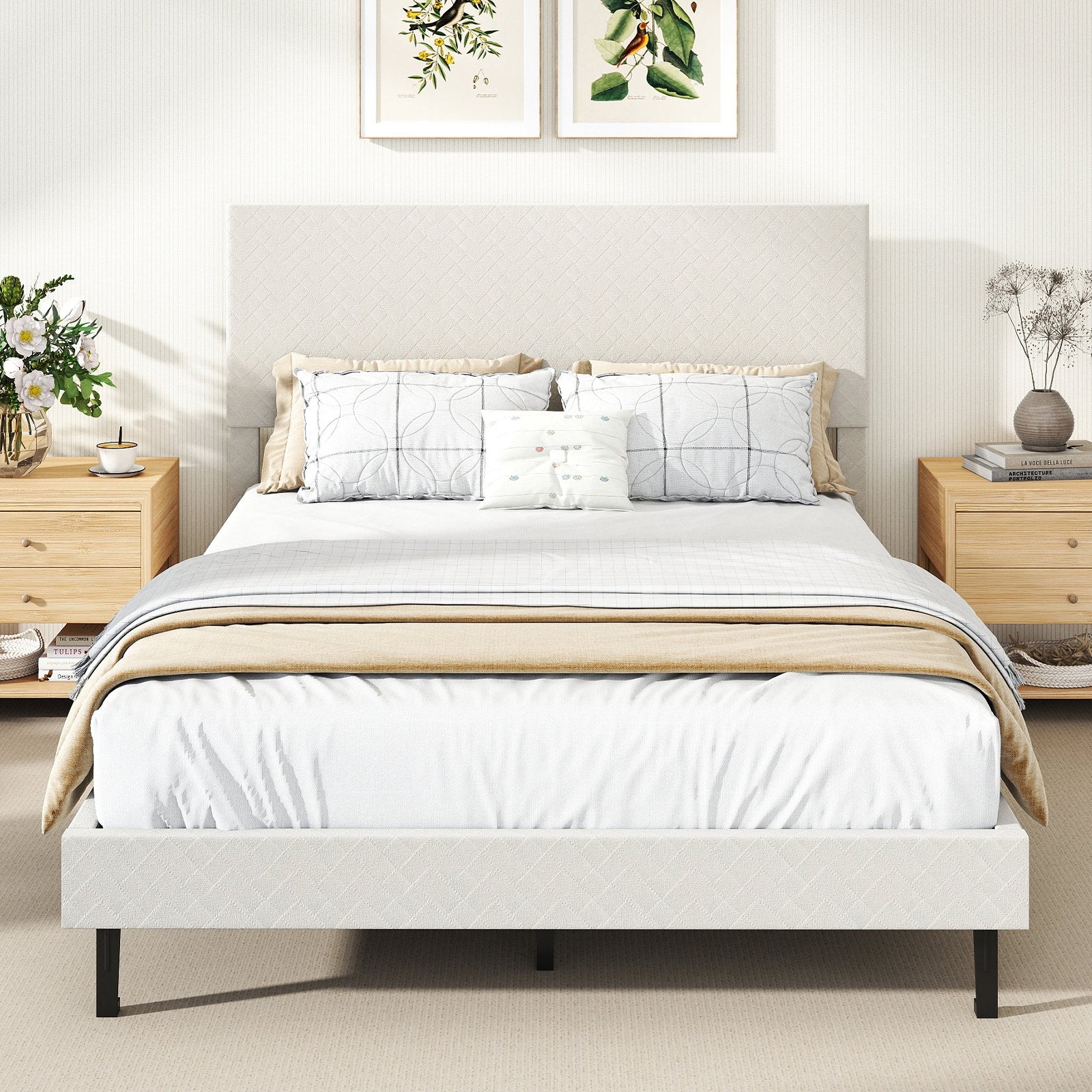 Twin/Full/Queen Size Velvet Bed Frame Upholstered Platform Bed with Chevron Headboard Beige-Full Simple Bed Frame at Gallery Canada
