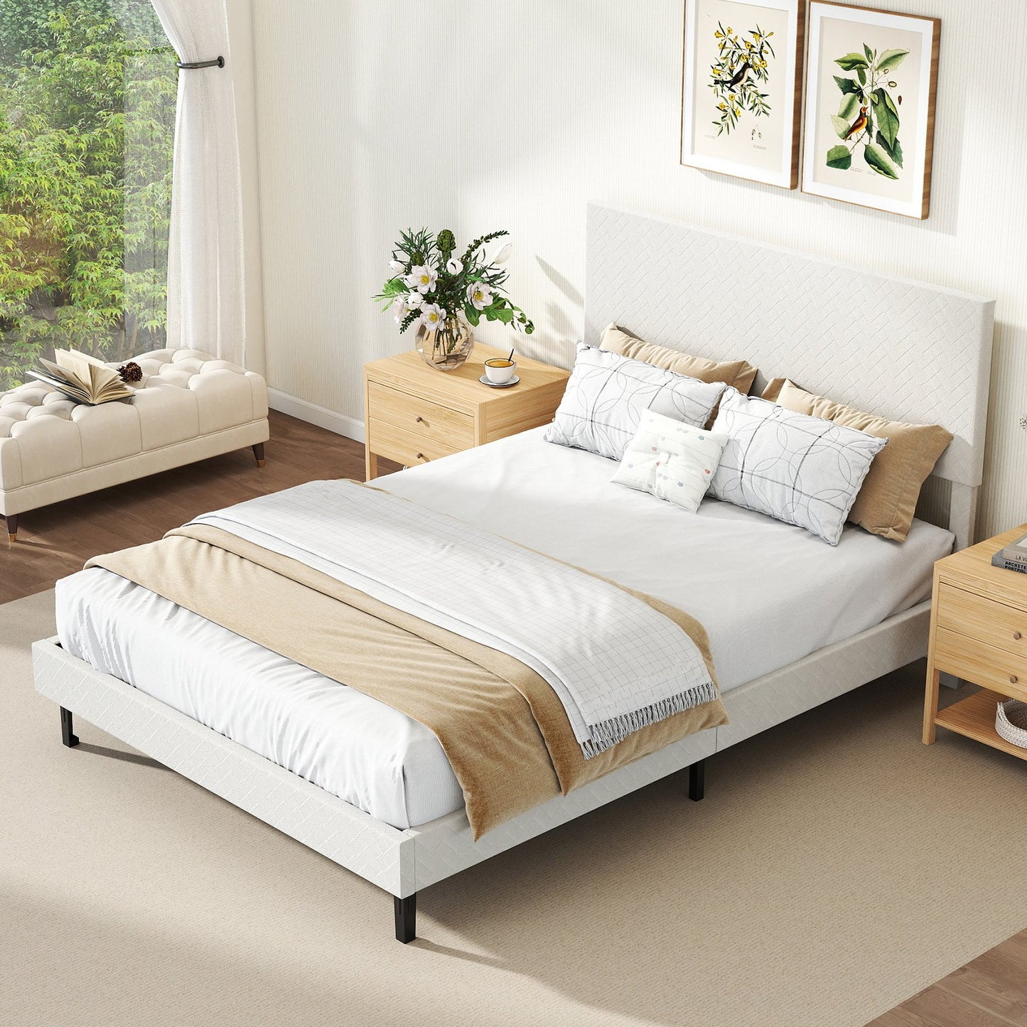 Twin/Full/Queen Size Velvet Bed Frame Upholstered Platform Bed with Chevron Headboard Beige-Full Simple Bed Frame at Gallery Canada