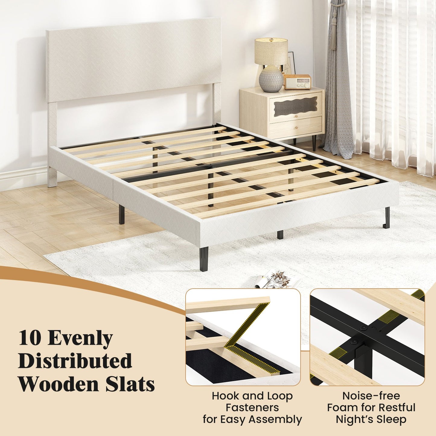 Twin/Full/Queen Size Velvet Bed Frame Upholstered Platform Bed with Chevron Headboard Beige-Full Simple Bed Frame at Gallery Canada