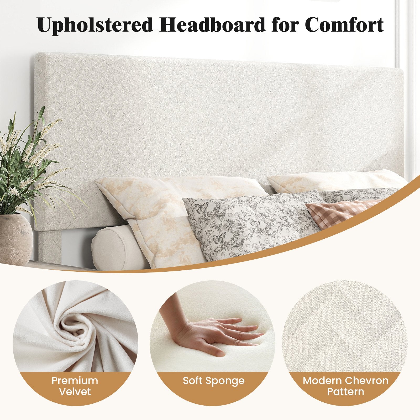 Twin/Full/Queen Size Velvet Bed Frame Upholstered Platform Bed with Chevron Headboard Beige-Full Simple Bed Frame at Gallery Canada