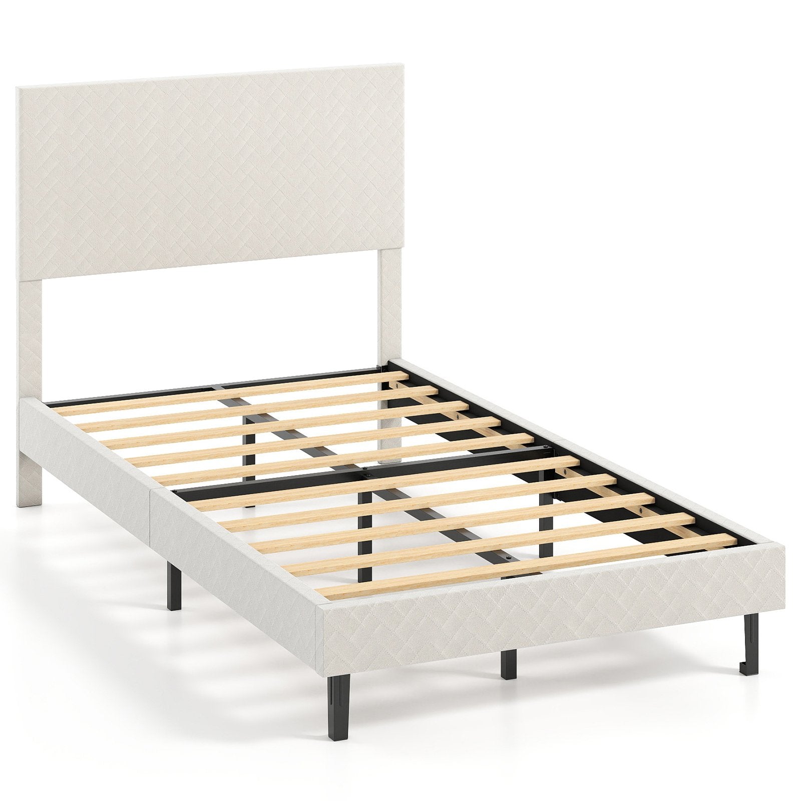 Twin/Full/Queen Size Velvet Bed Frame Upholstered Platform Bed with Chevron Headboard Beige-Twin Simple Bed Frame Options at Gallery Canada