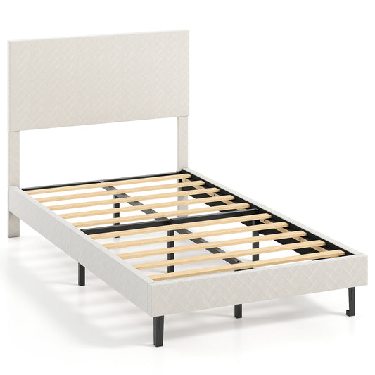 Twin/Full/Queen Size Velvet Bed Frame Upholstered Platform Bed with Chevron Headboard Beige-Twin Simple Bed Frame Options at Gallery Canada