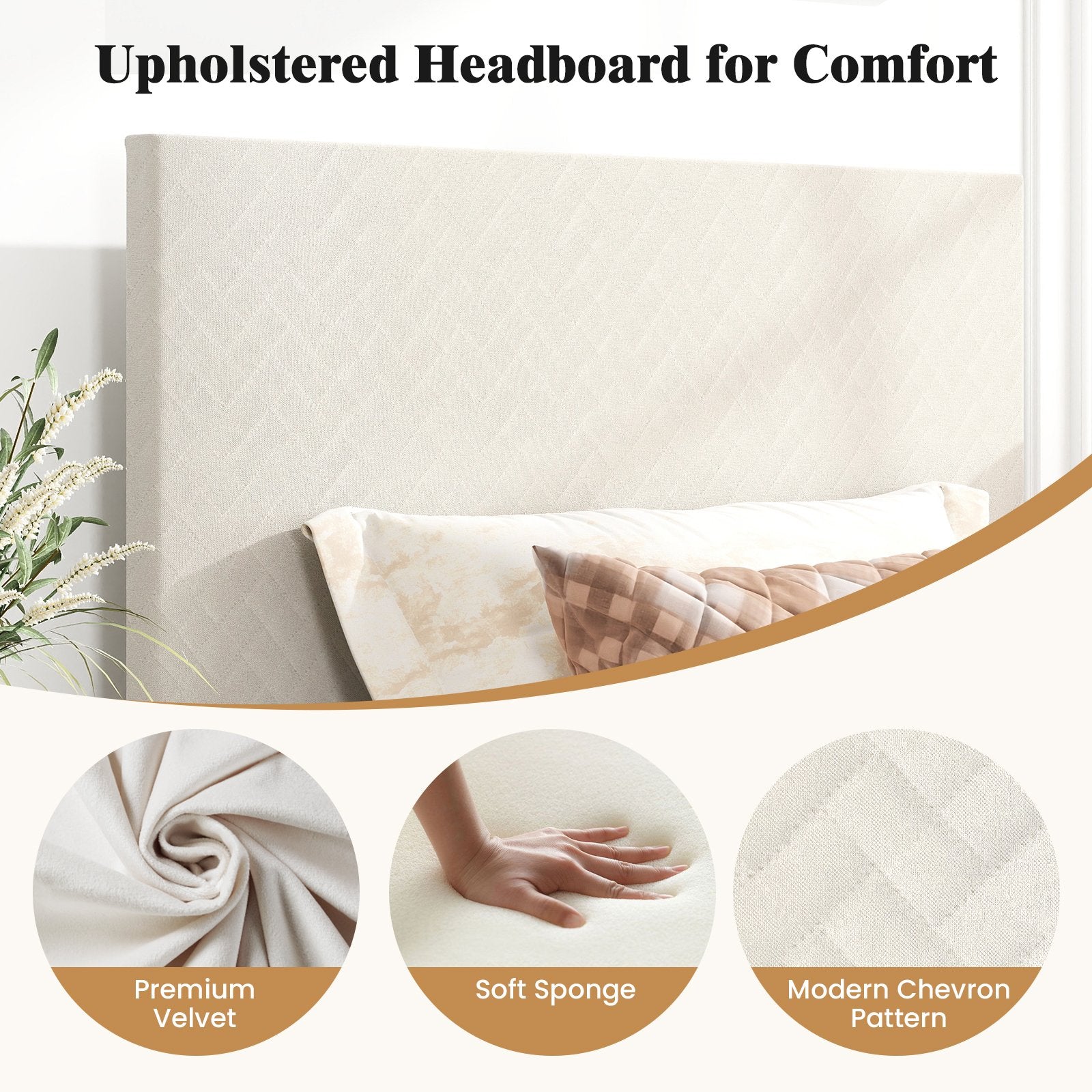 Twin/Full/Queen Size Velvet Bed Frame Upholstered Platform Bed with Chevron Headboard Beige-Twin Simple Bed Frame at Gallery Canada