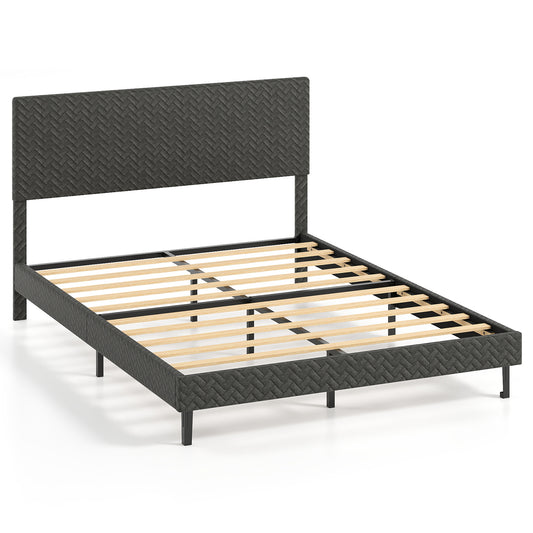 Twin/Full/Queen Size Velvet Bed Frame Upholstered Platform Bed with Chevron Headboard Gray-Queen Simple Bed Frame Queen at Gallery Canada