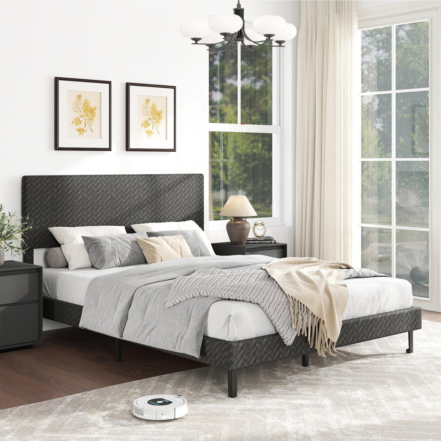 Twin/Full/Queen Size Velvet Bed Frame Upholstered Platform Bed with Chevron Headboard Gray-Queen Simple Bed Frame at Gallery Canada