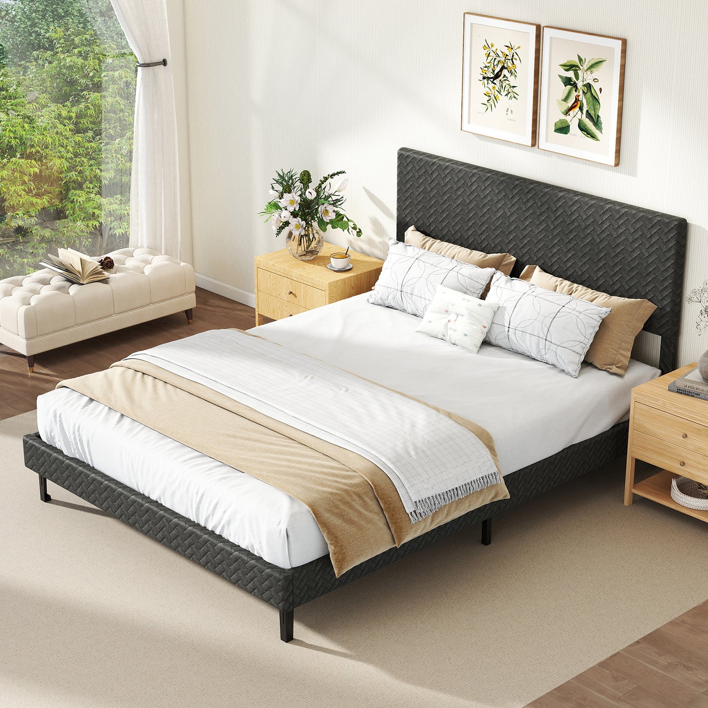 Twin/Full/Queen Size Velvet Bed Frame Upholstered Platform Bed with Chevron Headboard Gray-Queen Simple Bed Frame at Gallery Canada