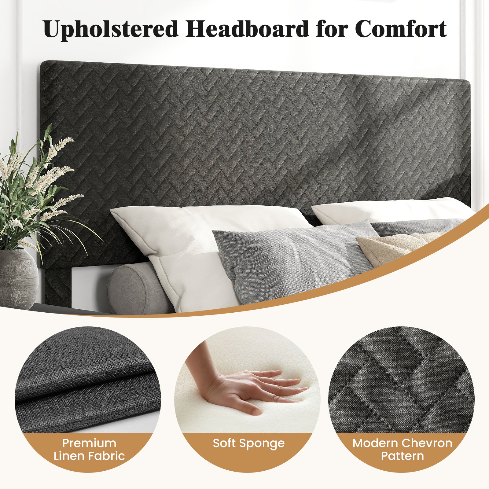 Twin/Full/Queen Size Velvet Bed Frame Upholstered Platform Bed with Chevron Headboard Gray-Queen Simple Bed Frame at Gallery Canada