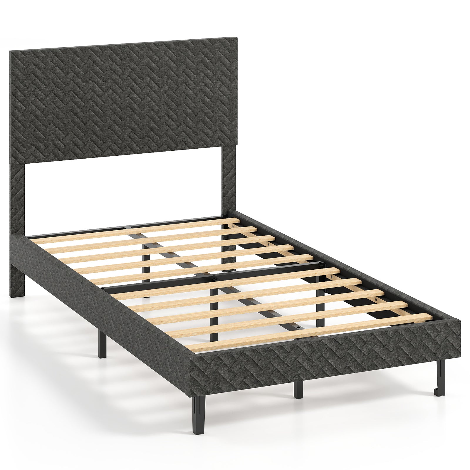 Twin/Full/Queen Size Velvet Bed Frame Upholstered Platform Bed with Chevron Headboard Gray-Twin Simple Bed Frame at Gallery Canada