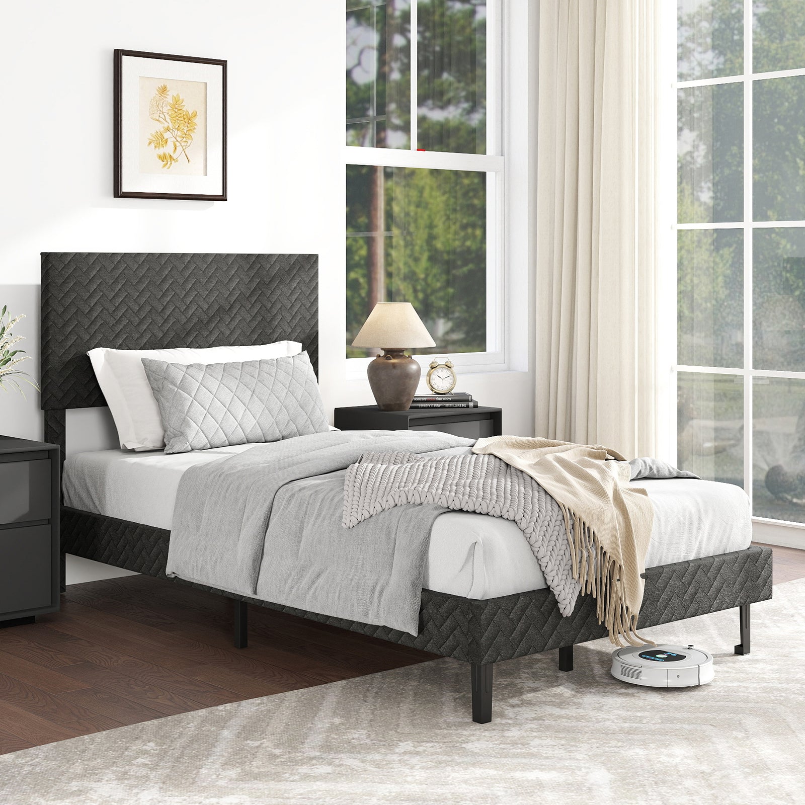 Twin/Full/Queen Size Velvet Bed Frame Upholstered Platform Bed with Chevron Headboard Gray-Twin Simple Bed Frame at Gallery Canada