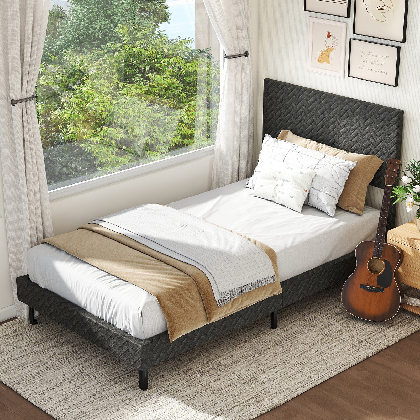 Twin/Full/Queen Size Velvet Bed Frame Upholstered Platform Bed with Chevron Headboard Gray-Twin Simple Bed Frame at Gallery Canada