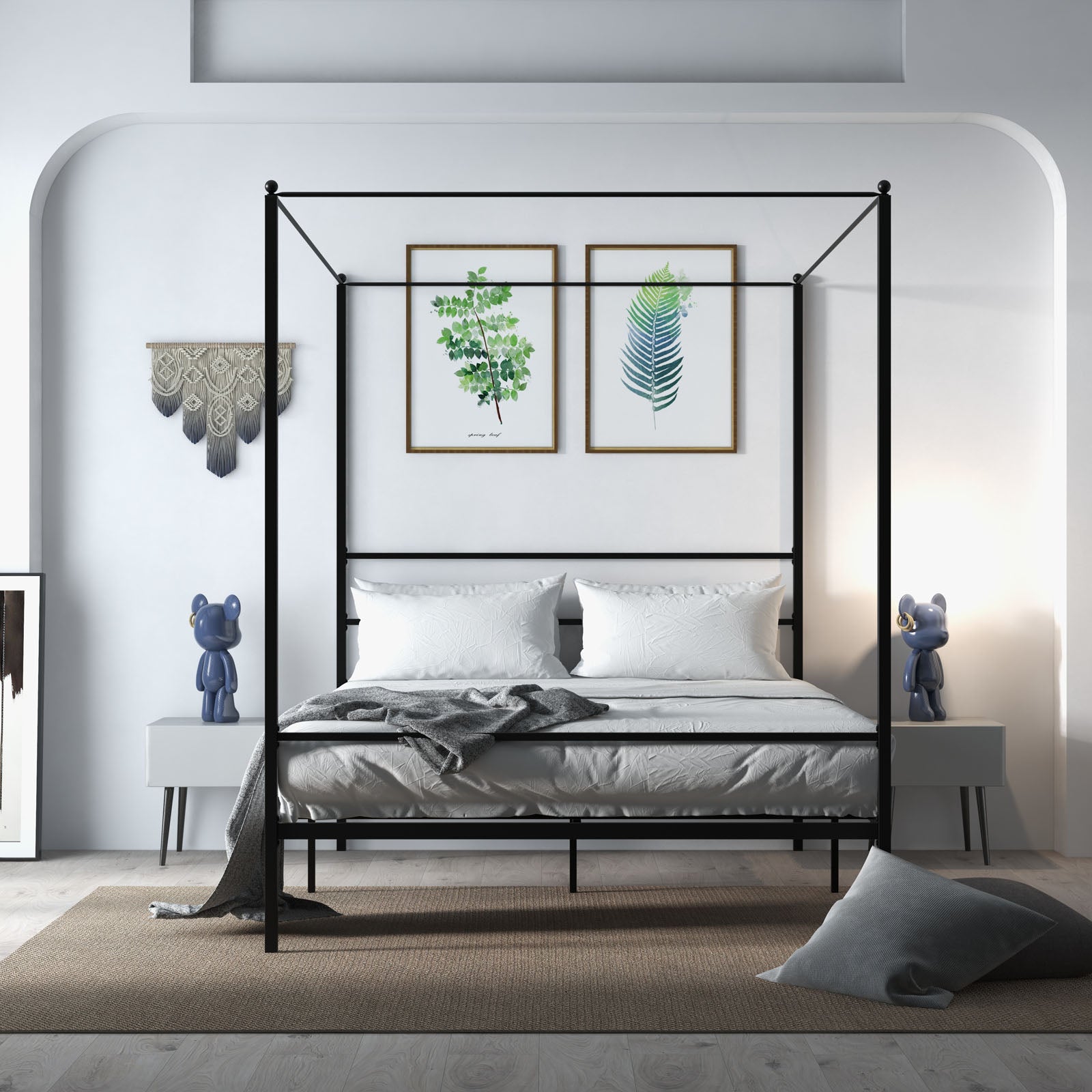 Queen Size Metal Canopy Bed Frame With Slat Support, Black Simple Bed Frame at Gallery Canada
