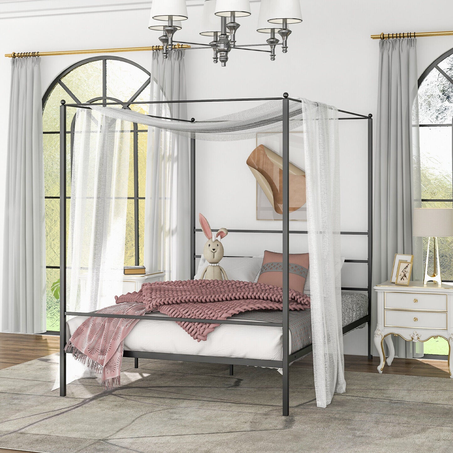 Queen Size Metal Canopy Bed Frame With Slat Support, Black Simple Bed Frame at Gallery Canada