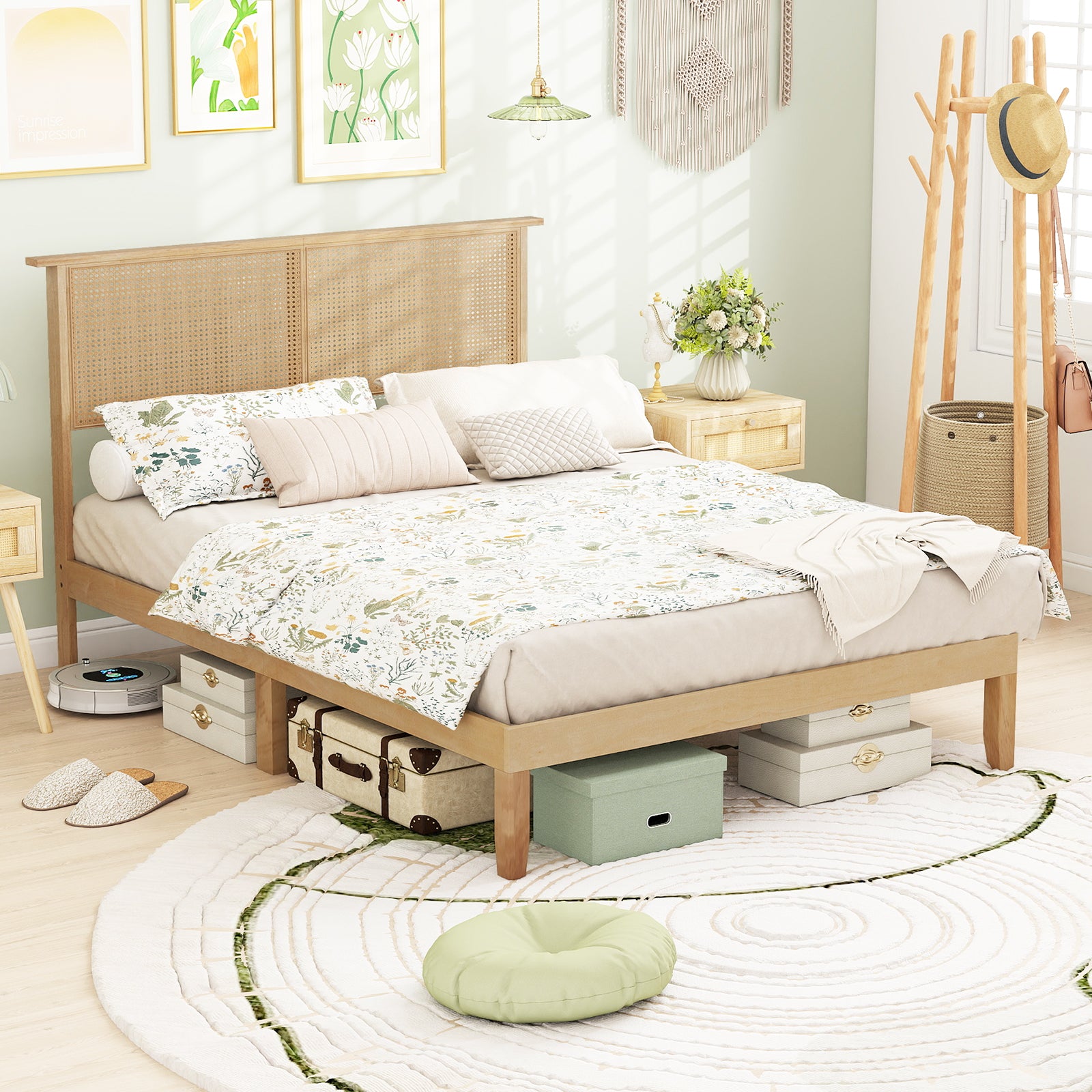 Twin Full Queen Bed Frame With Rattan Headboard, Full Size, Natural Simple Bed Frame at Gallery Canada