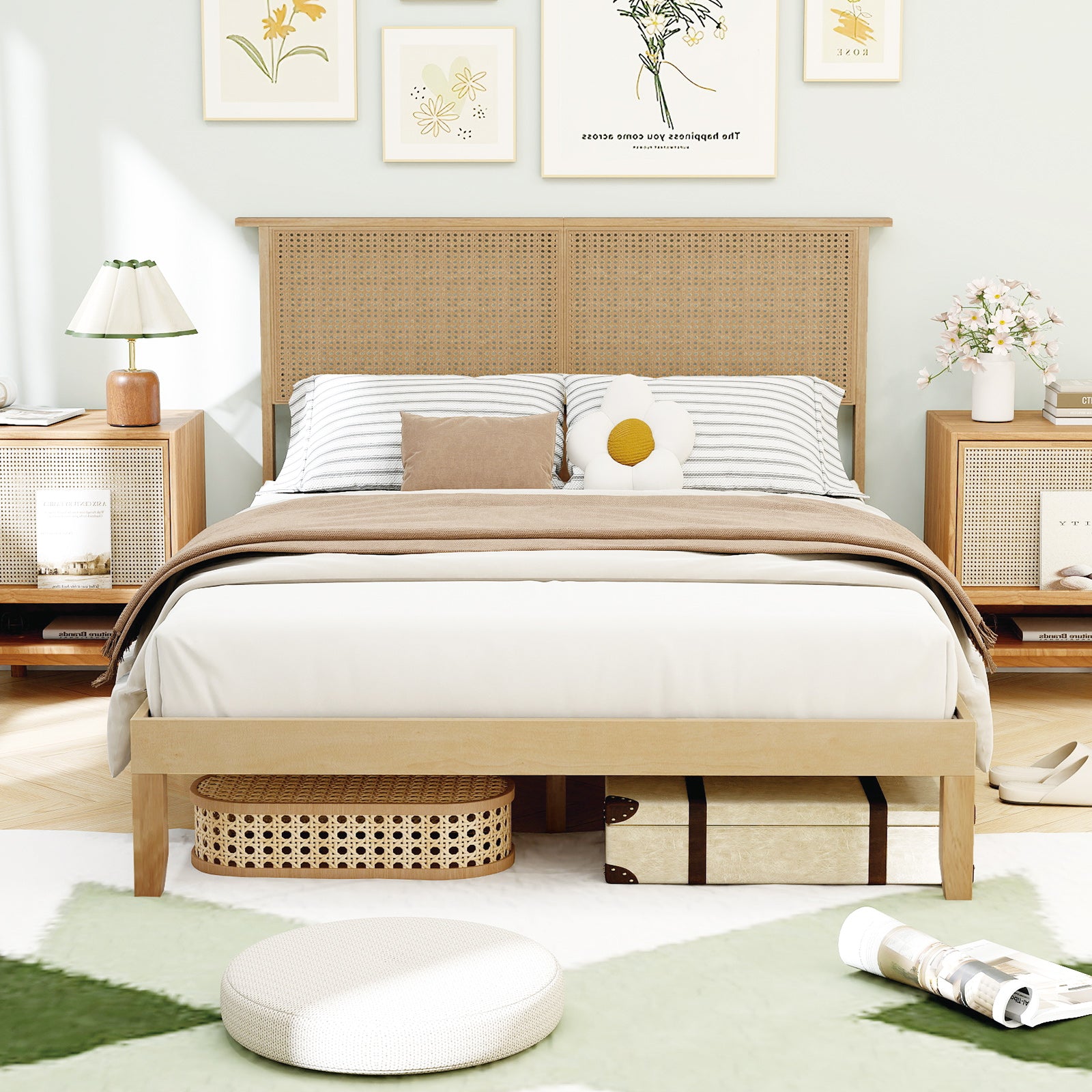 Twin Full Queen Bed Frame With Rattan Headboard, Full Size, Natural Simple Bed Frame at Gallery Canada