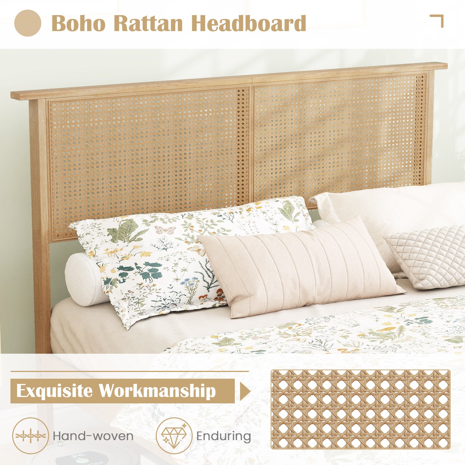 Twin Full Queen Bed Frame With Rattan Headboard, Full Size, Natural Simple Bed Frame at Gallery Canada