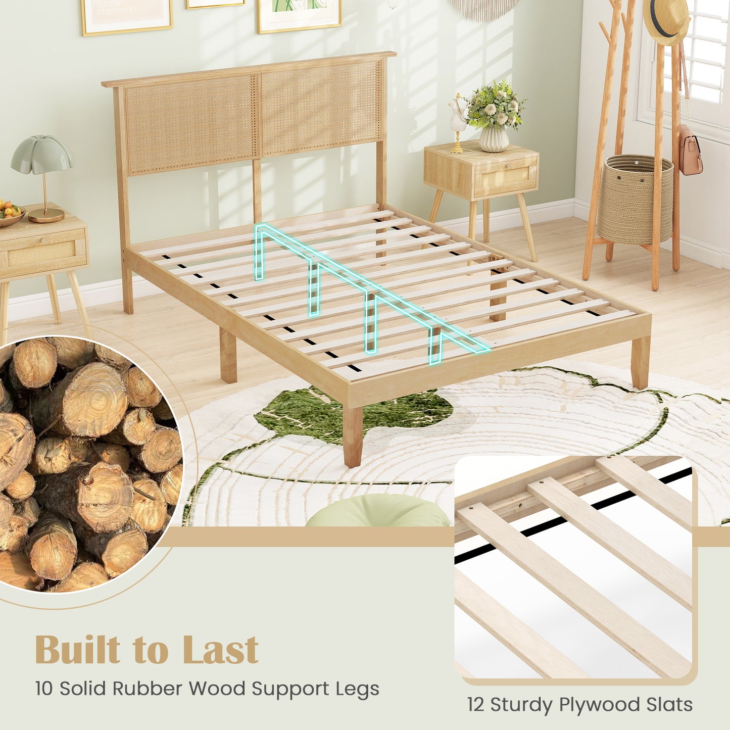 Twin Full Queen Bed Frame With Rattan Headboard, Full Size, Natural Simple Bed Frame at Gallery Canada