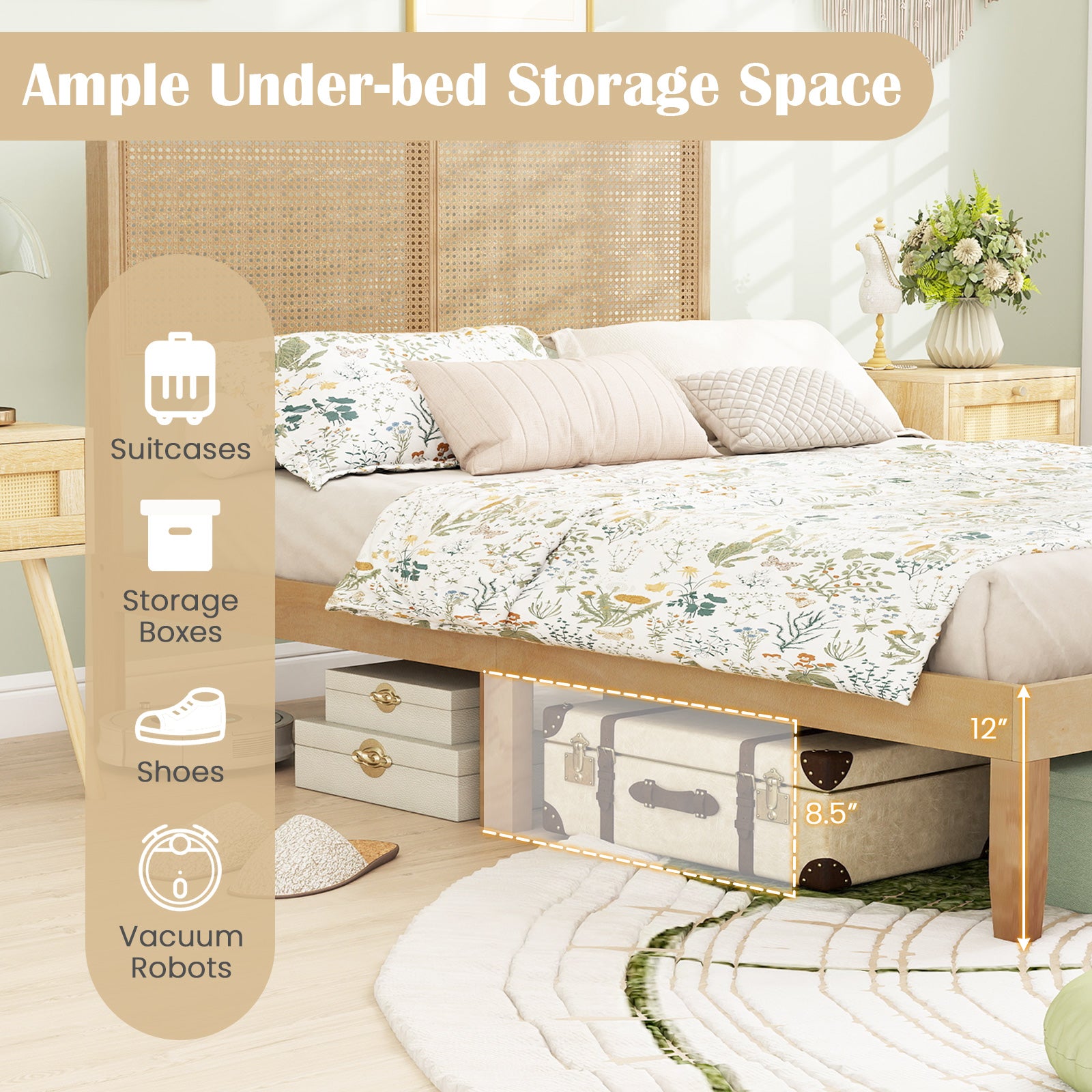 Twin Full Queen Bed Frame With Rattan Headboard, Full Size, Natural Simple Bed Frame at Gallery Canada