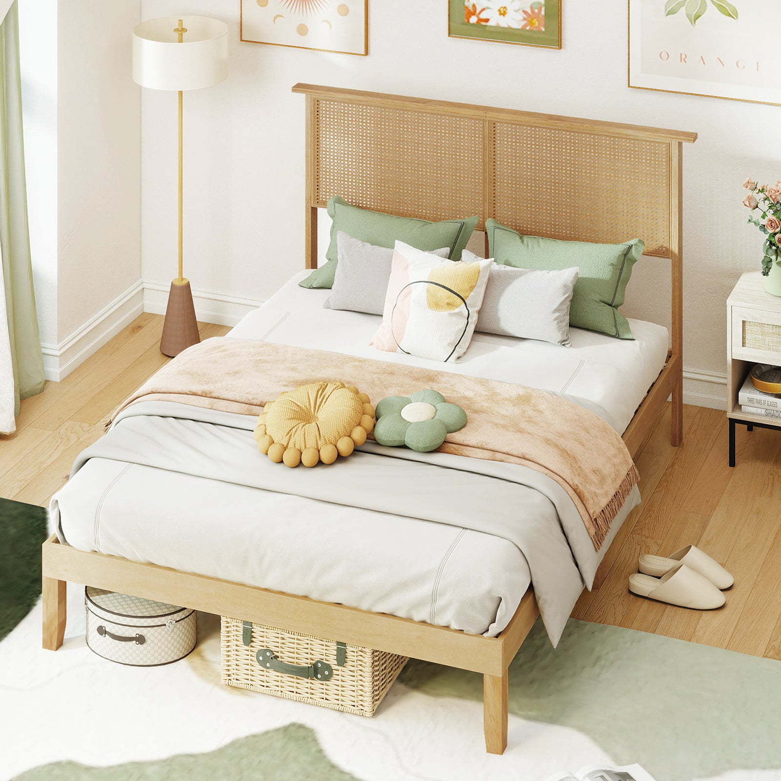 Twin Full Queen Bed Frame With Rattan Headboard, Full Size, Natural Simple Bed Frame at Gallery Canada